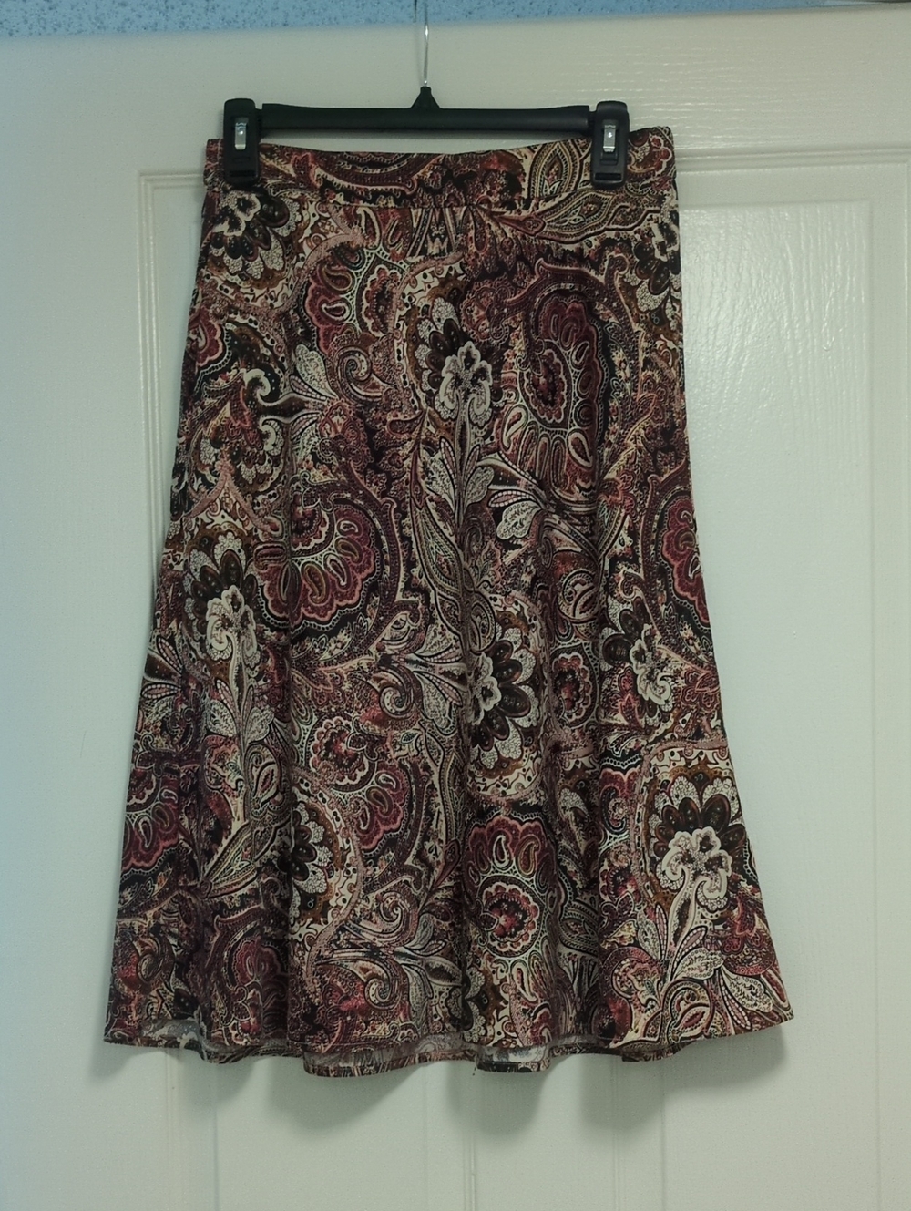 dressbarn Paisley A-Line Midi Skirt in Burgundy, Cream, Black